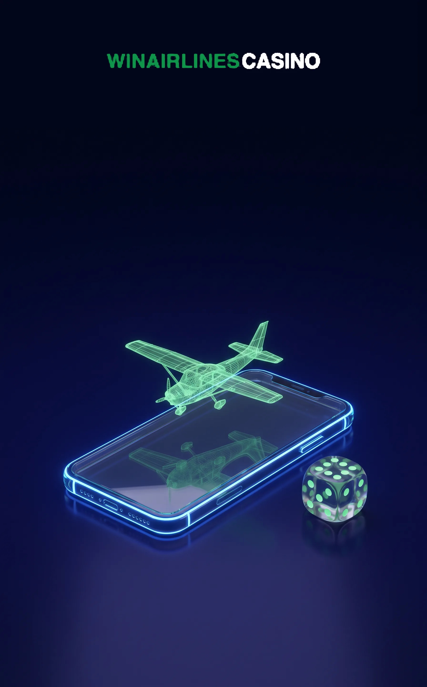 Smartphone mit grünem Hologrammflugzeug und Spielwürfel
